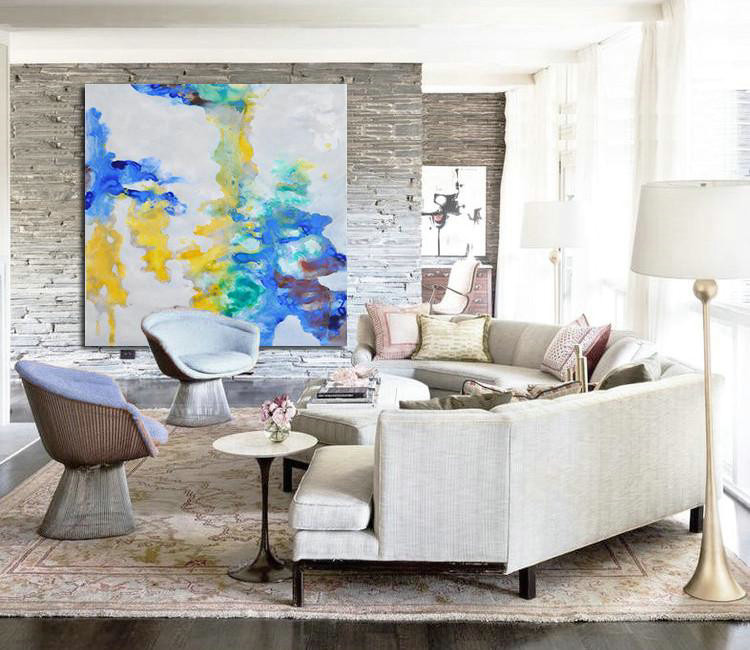 Large Abstract Art Handmade Painting,Oversized Contemporary Oil Painting,Huge Abstract Canvas Art,Gray,Yellow,Green,Blue.etc
